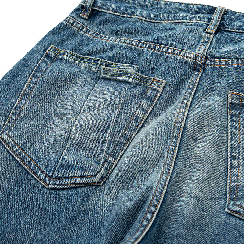 Double Pleat Loose Versatile Washed Denim Pants