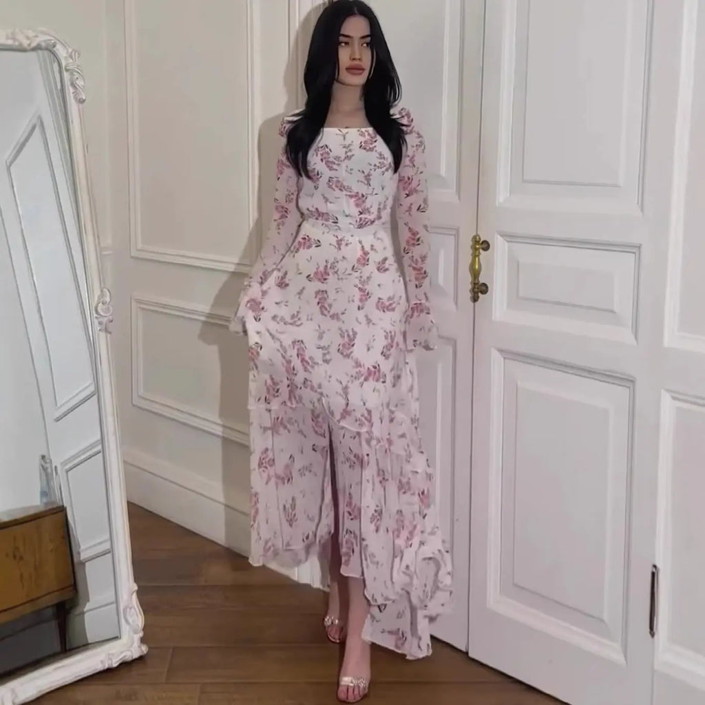 Summer Irregular Dress Long Sleeve Floral Chiffon Ruffle SleeveMaxi Dress eprolo