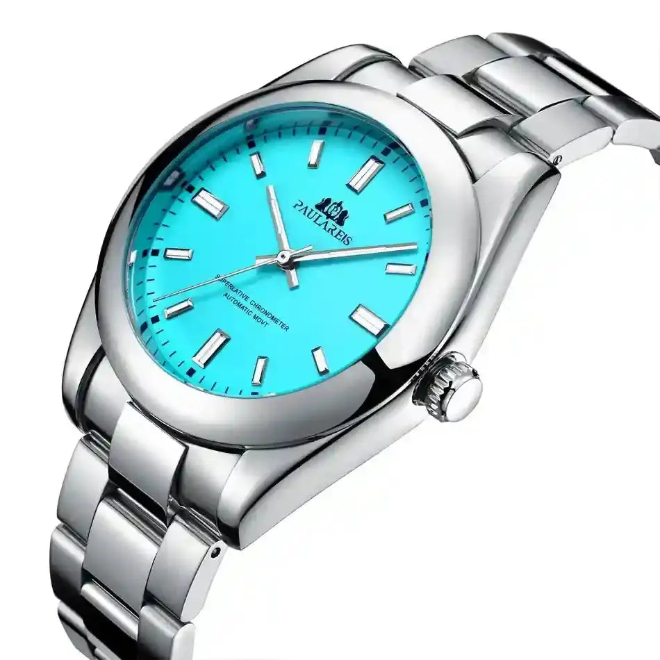 Silver wristwatch with turquoise dial and metallic band, modern men's watch design