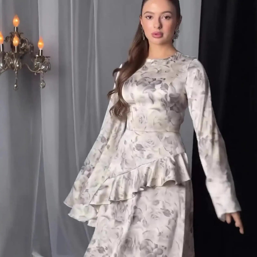 Design Dress Round Neck Long Dress with Print Feminine Waist-Cinching eprolo