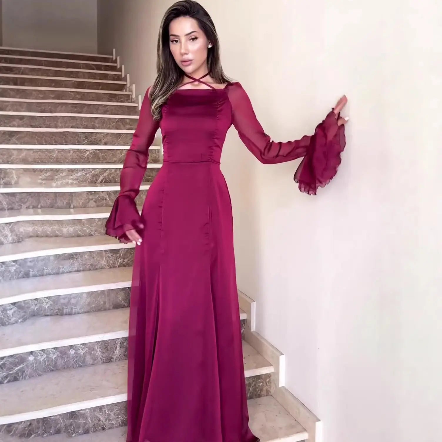Soft Style Snow Gentle Autumn Tie-Belt Ruffle Fitted Dress Flowing eprolo