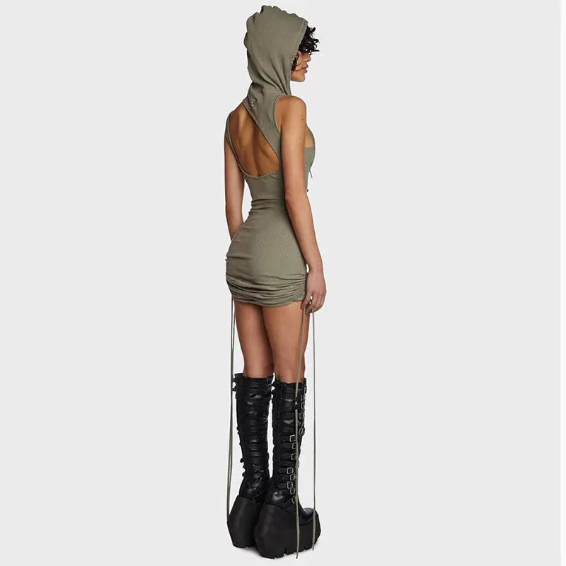 Hooded Pleated Tie-Up Dress for Women, Sexy Mini Dress with Pure Seductive Look eprolo