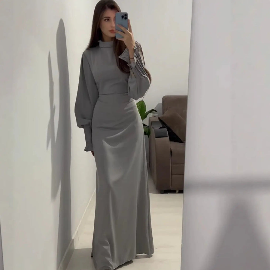 Royal Style Dress  Belted Waist-Cinching Pleated Design Blue Gray eprolo