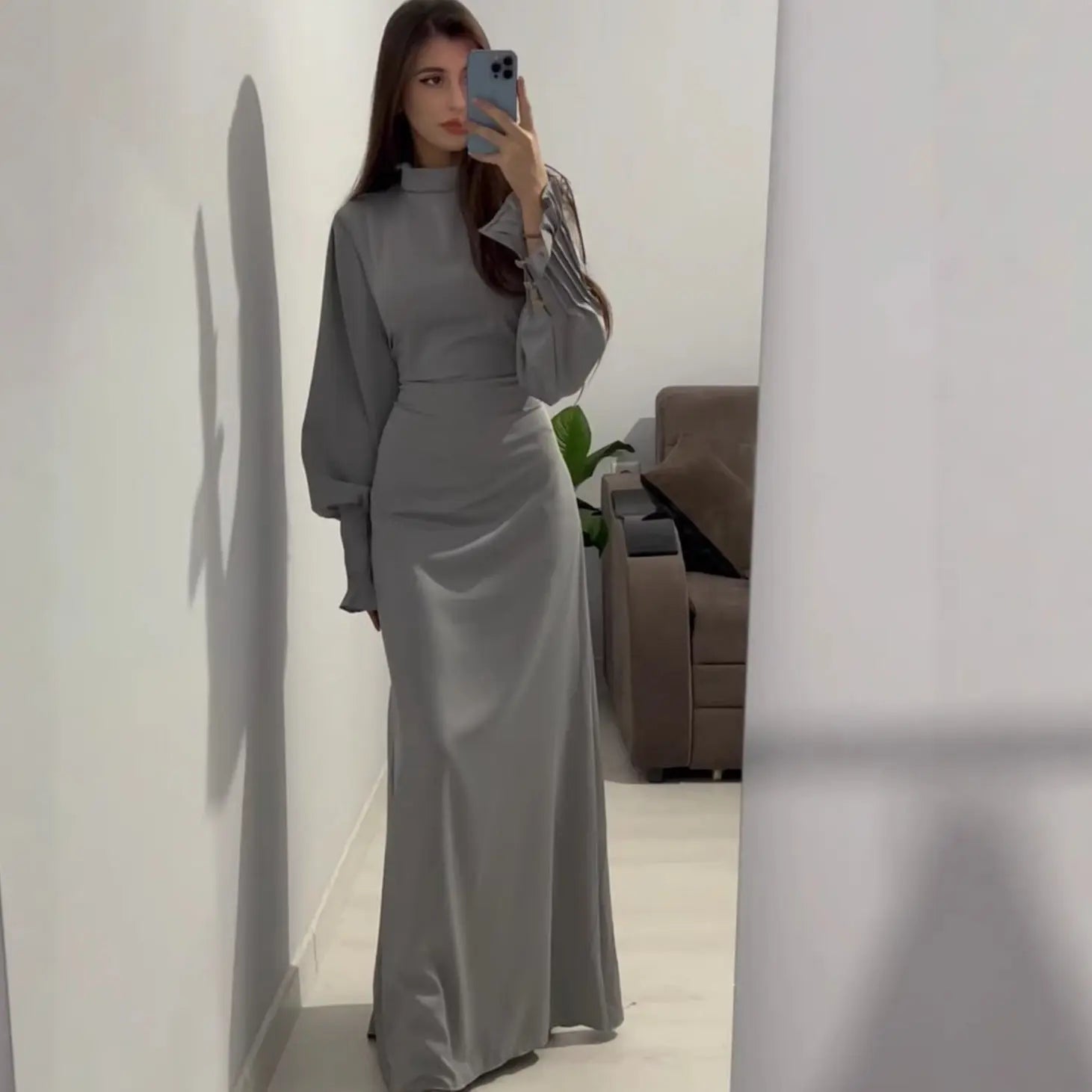 Royal Style Dress  Belted Waist-Cinching Pleated Design Blue Gray eprolo