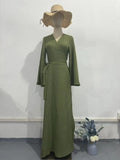 Belted Waist Long Sleeve Dress V-Neck Summer Chinese Zen Style Cool Green eprolo