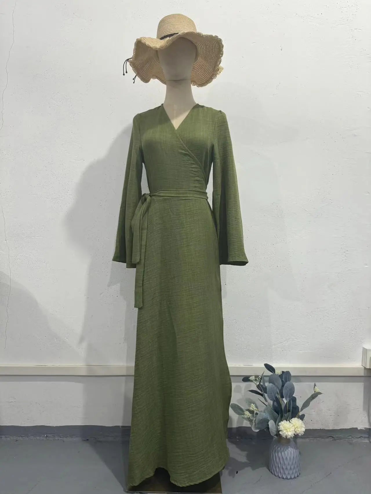 Belted Waist Long Sleeve Dress V-Neck Summer Chinese Zen Style Cool Green eprolo