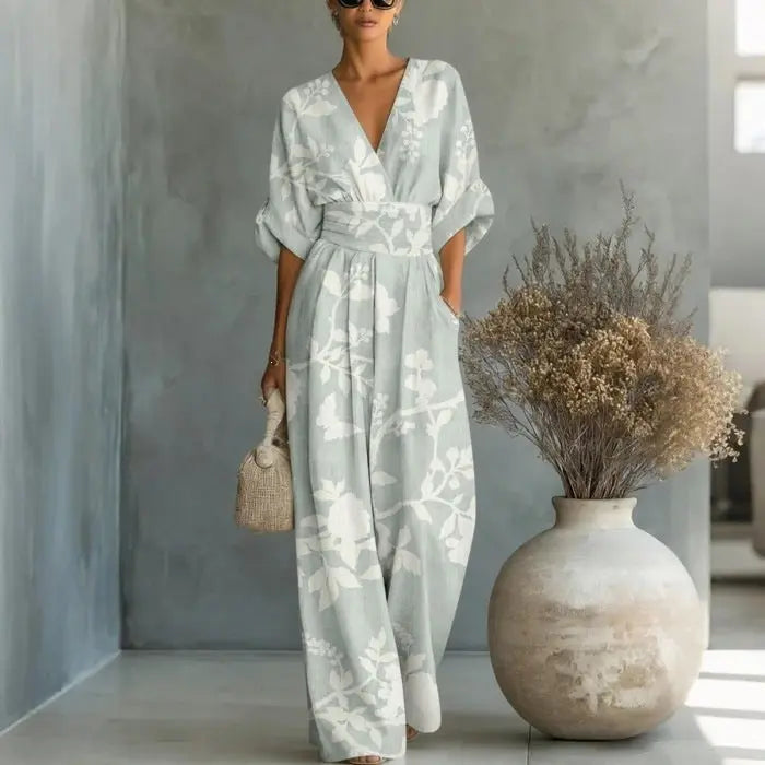Elegant waist cinched V-neck printed women's jumpsuit eprolo