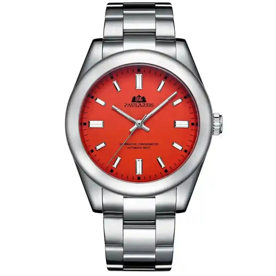 Silver stainless steel wristwatch with red dial and silver markers, modern men's watch