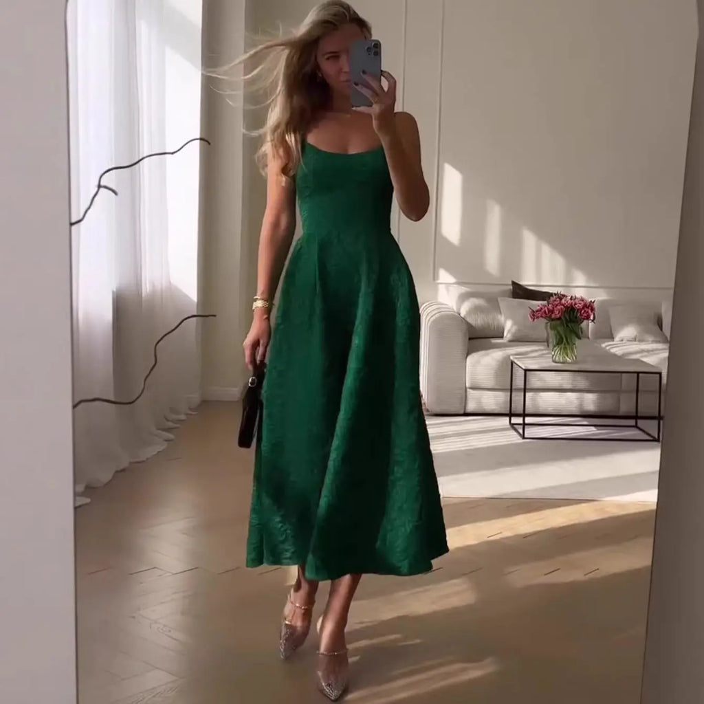 Ruched Letter Print Green Strap Long Dress with Waistline Elegant Casual Knit Dress eprolo