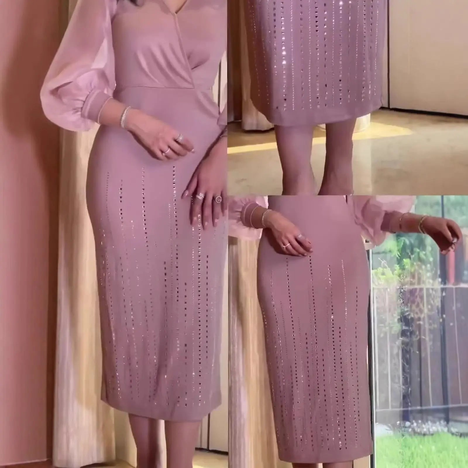 Elegant Sequined Chiffon V-Neck Lantern Sleeve Dress for Women Autumn Style eprolo