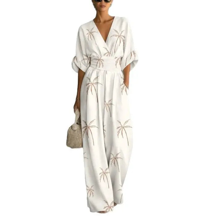 Elegant waist cinched V-neck printed women's jumpsuit eprolo
