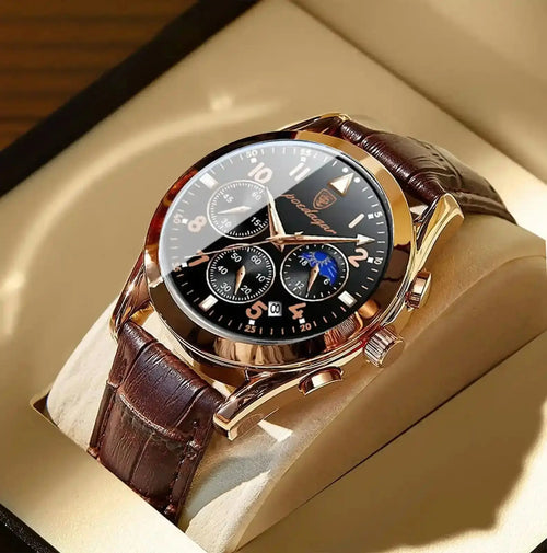 Luxury men's wristwatch with brown leather strap and black chronograph dial in display box