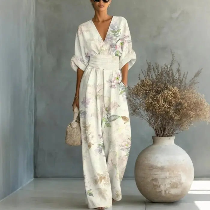 Elegant waist cinched V-neck printed women's jumpsuit eprolo