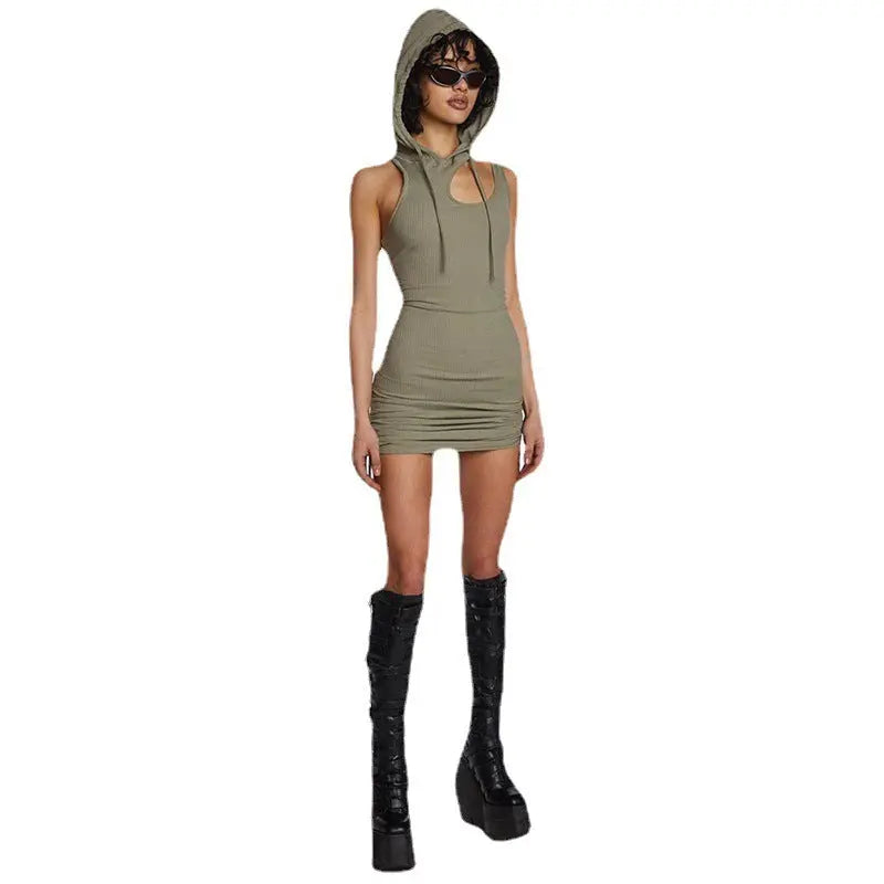 Hooded Pleated Tie-Up Dress for Women, Sexy Mini Dress with Pure Seductive Look eprolo
