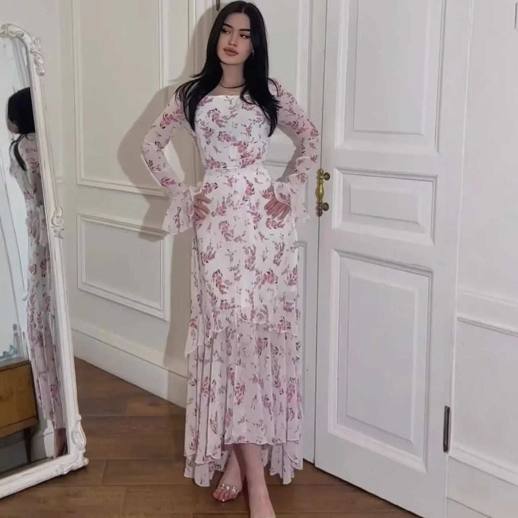 Summer Irregular Dress Long Sleeve Floral Chiffon Ruffle SleeveMaxi Dress eprolo
