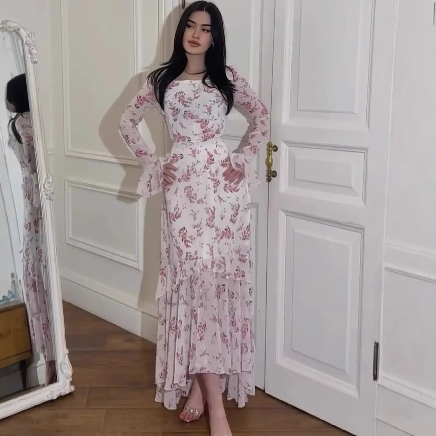 Summer Irregular Dress Long Sleeve Floral Chiffon Ruffle SleeveMaxi Dress eprolo