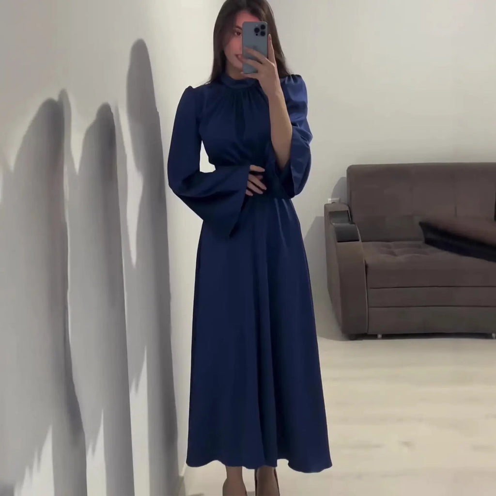 Narrow Waist  Solid Color Slimming New Design Dress for Women Long Sleeve Maxi Dress with Belt Spring eprolo