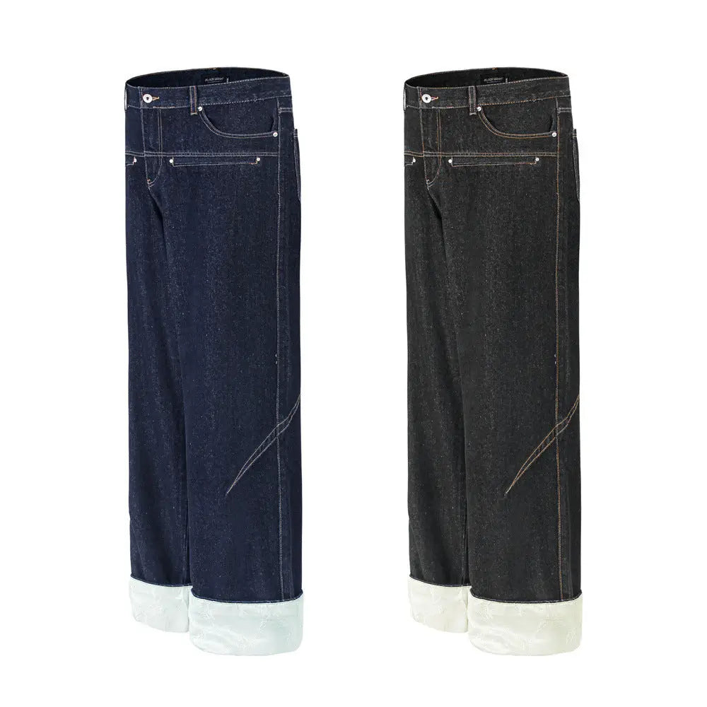 Color blocked pockets, rolled edges, denim straight leg pants eprolo