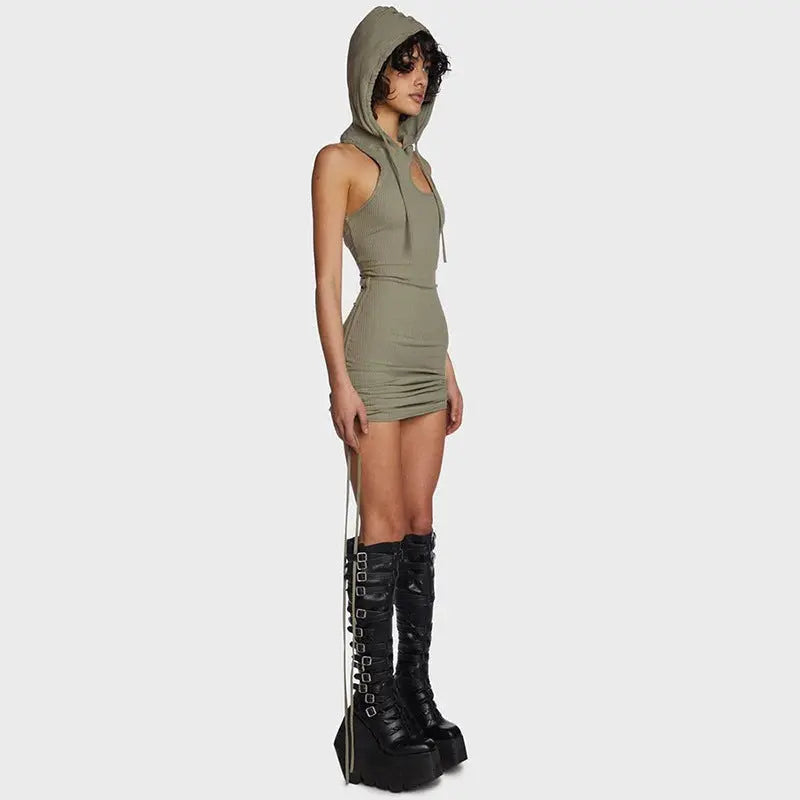 Hooded Pleated Tie-Up Dress for Women, Sexy Mini Dress with Pure Seductive Look eprolo