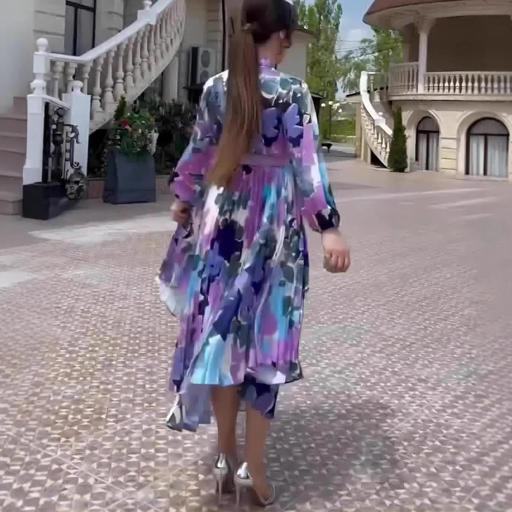 Printed Scarf Neck Elegant Design Dress Spring Fitted Waist New Puff Sleeve eprolo