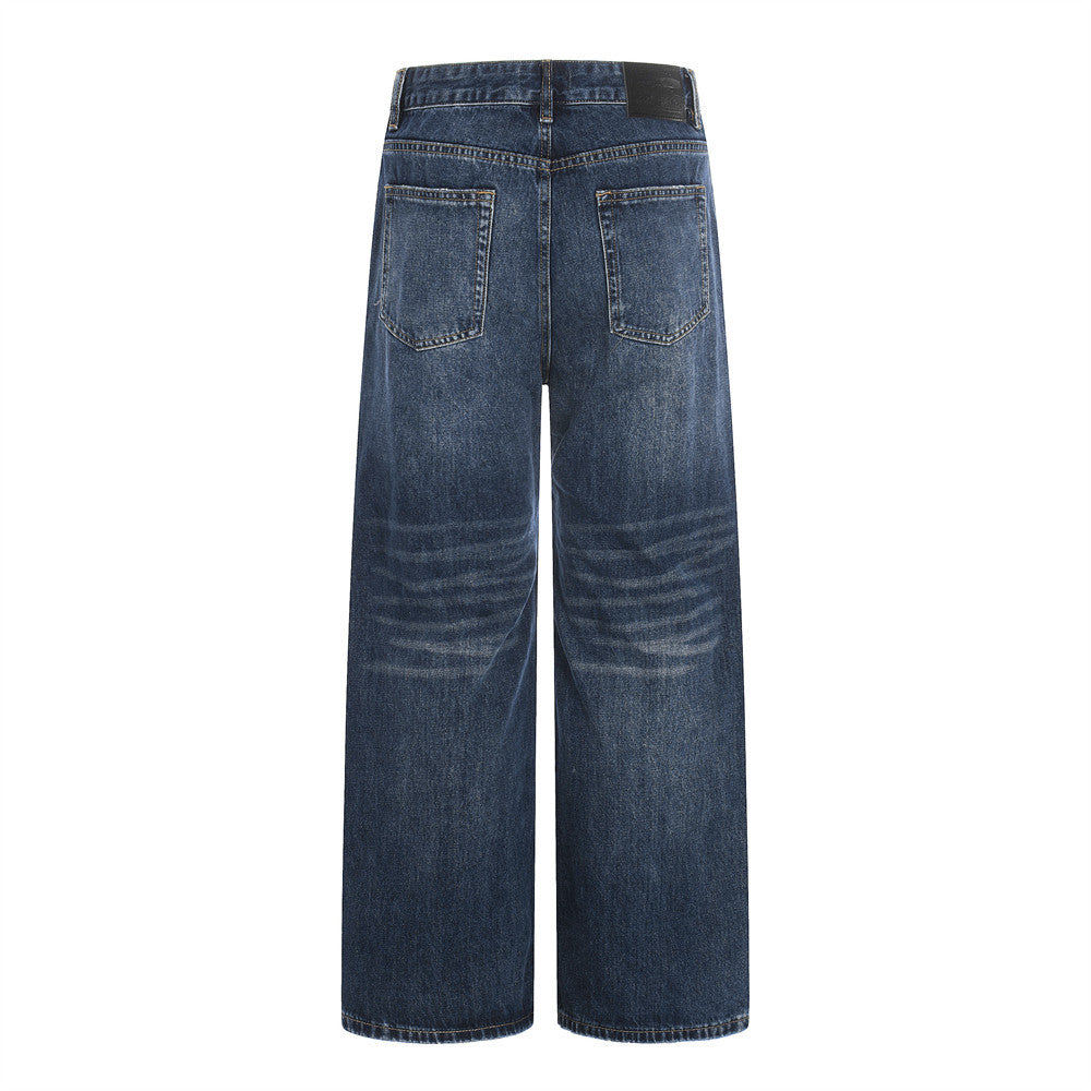 Washed denim straight leg pants