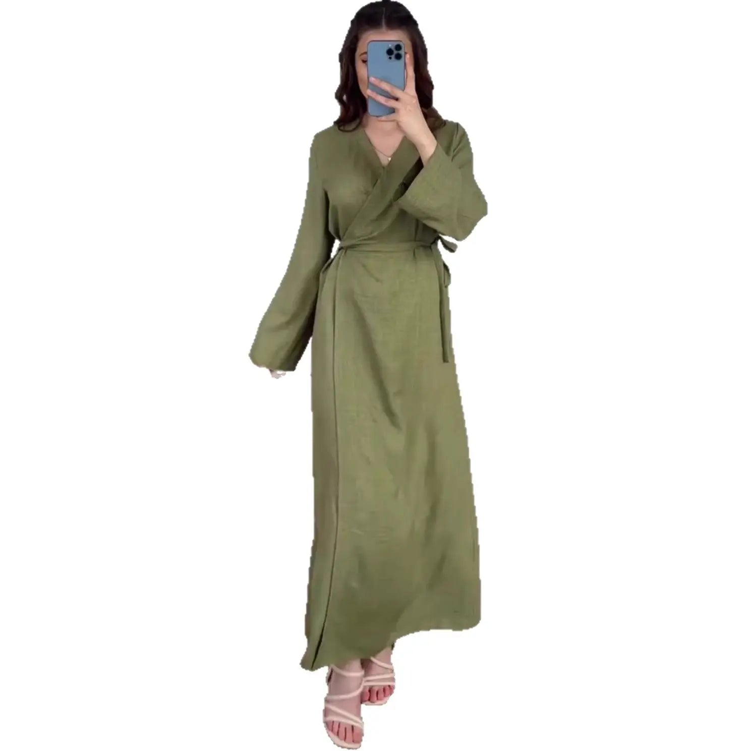 Belted Waist Long Sleeve Dress V-Neck Summer Chinese Zen Style Cool Green eprolo
