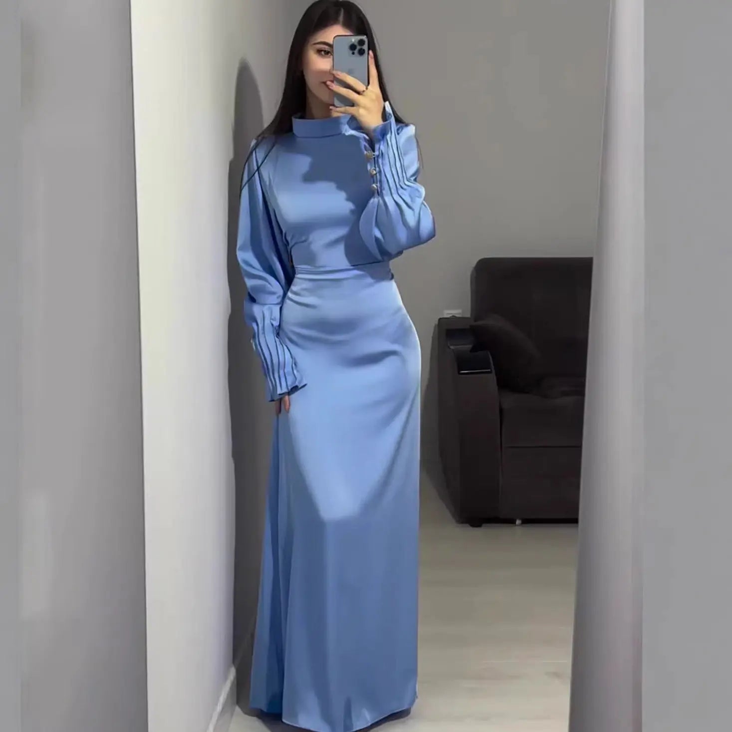 Royal Style Dress  Belted Waist-Cinching Pleated Design Blue Gray eprolo