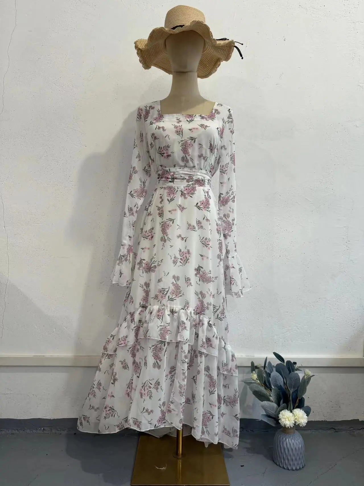 Summer Irregular Dress Long Sleeve Floral Chiffon Ruffle SleeveMaxi Dress eprolo