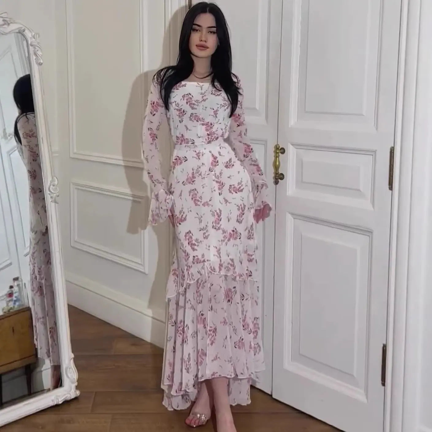 Summer Irregular Dress Long Sleeve Floral Chiffon Ruffle SleeveMaxi Dress eprolo
