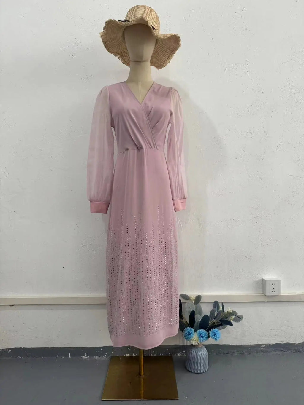 Elegant Sequined Chiffon V-Neck Lantern Sleeve Dress for Women Autumn Style eprolo