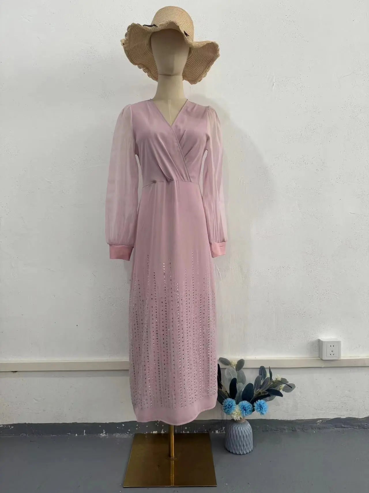 Elegant Sequined Chiffon V-Neck Lantern Sleeve Dress for Women Autumn Style eprolo