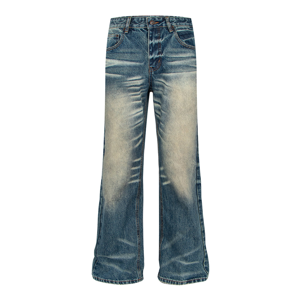 Retro Washed Distressed Deep Blue Flared Jeans