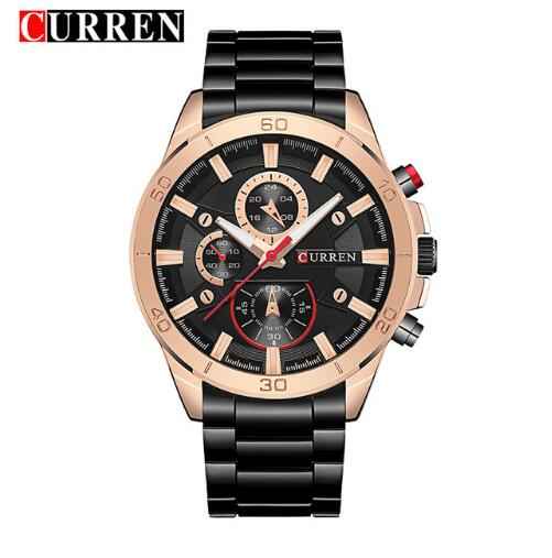 Men's black and gold Curren chronograph watch with metal band and multiple subdials