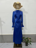 Royal Style Dress  Belted Waist-Cinching Pleated Design Blue Gray eprolo
