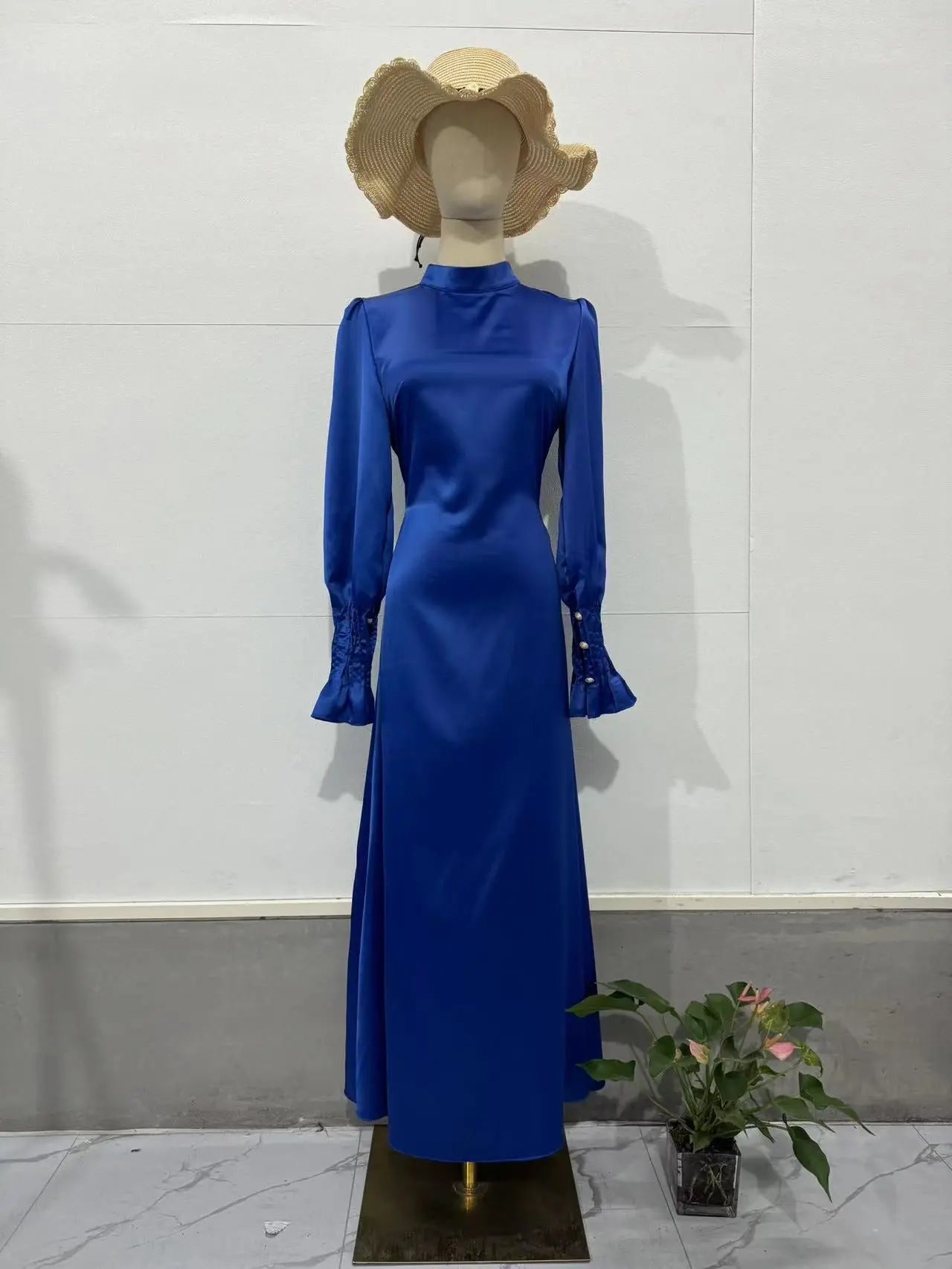 Royal Style Dress  Belted Waist-Cinching Pleated Design Blue Gray eprolo