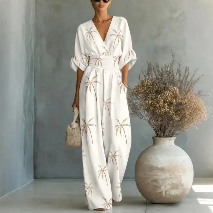 Elegant waist cinched V-neck printed women's jumpsuit eprolo