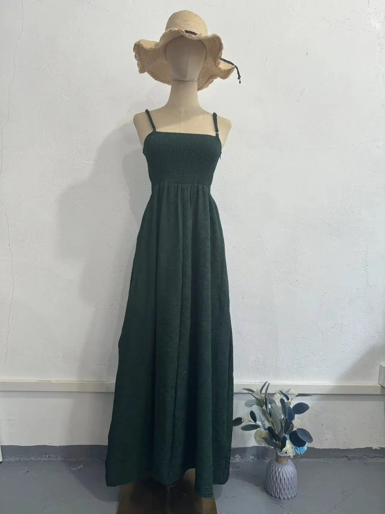 Ruched Letter Print Green Strap Long Dress with Waistline Elegant Casual Knit Dress eprolo