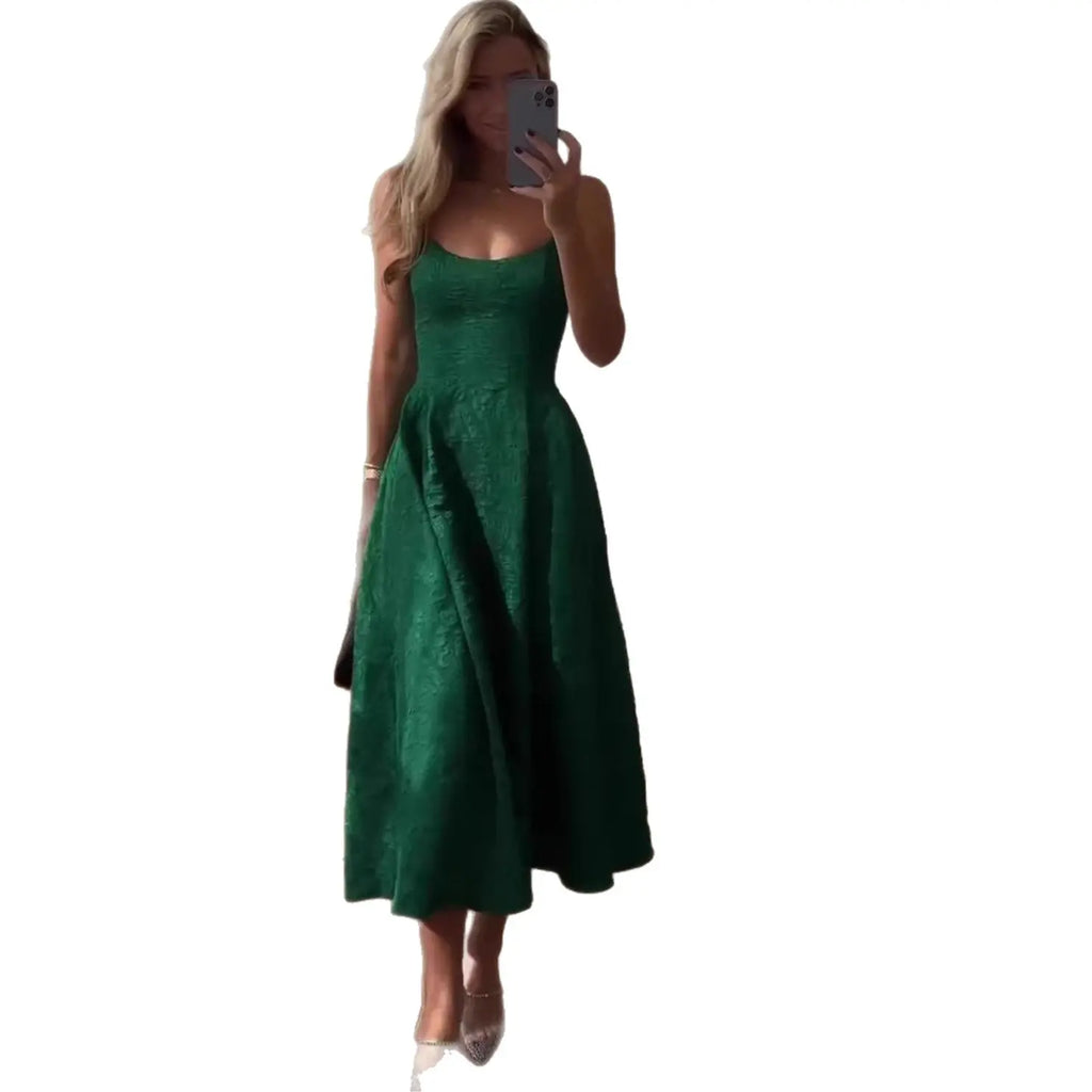 Ruched Letter Print Green Strap Long Dress with Waistline Elegant Casual Knit Dress eprolo