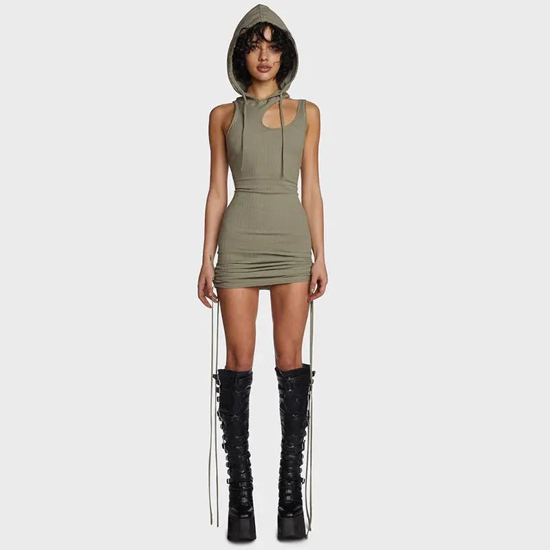 Hooded Pleated Tie-Up Dress for Women, Sexy Mini Dress with Pure Seductive Look eprolo