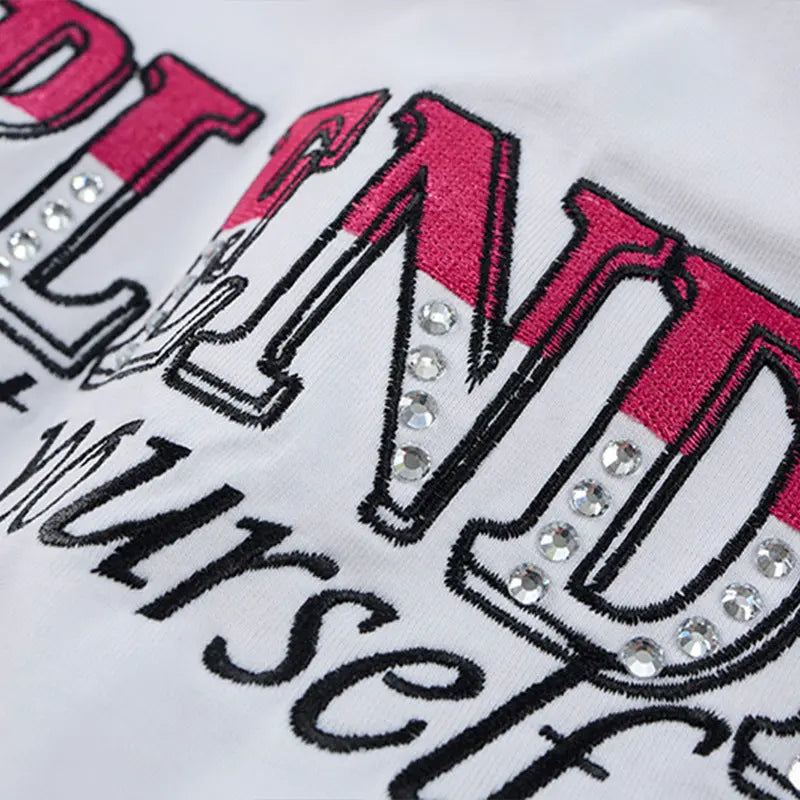 Color blocking rhinestone letter embroidery short sleeved t-shirt eprolo