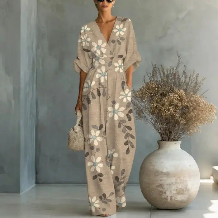 Elegant waist cinched V-neck printed women's jumpsuit eprolo