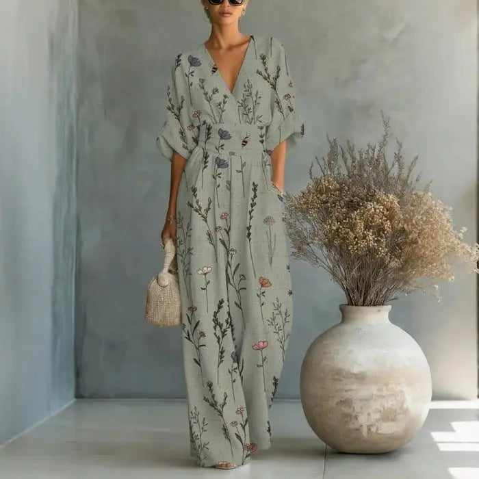 Elegant waist cinched V-neck printed women's jumpsuit eprolo