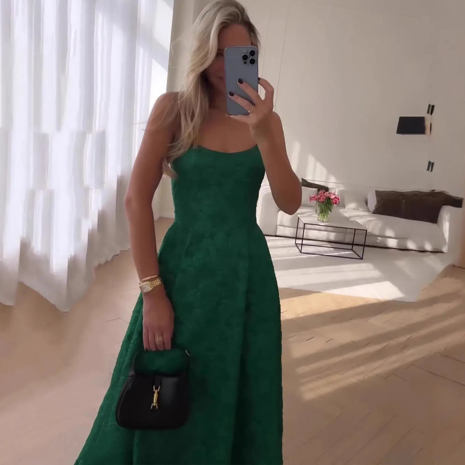 Ruched Letter Print Green Strap Long Dress with Waistline Elegant Casual Knit Dress eprolo