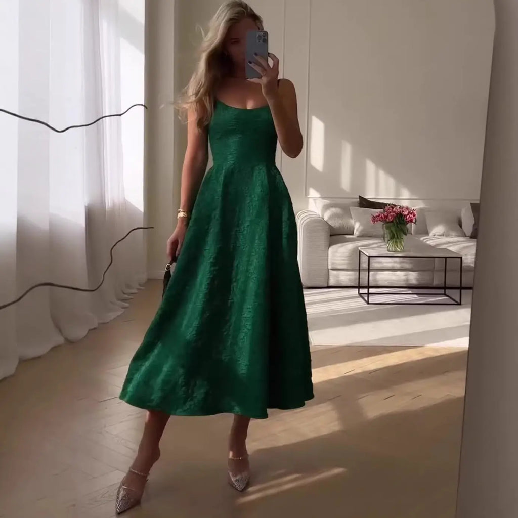 Ruched Letter Print Green Strap Long Dress with Waistline Elegant Casual Knit Dress eprolo