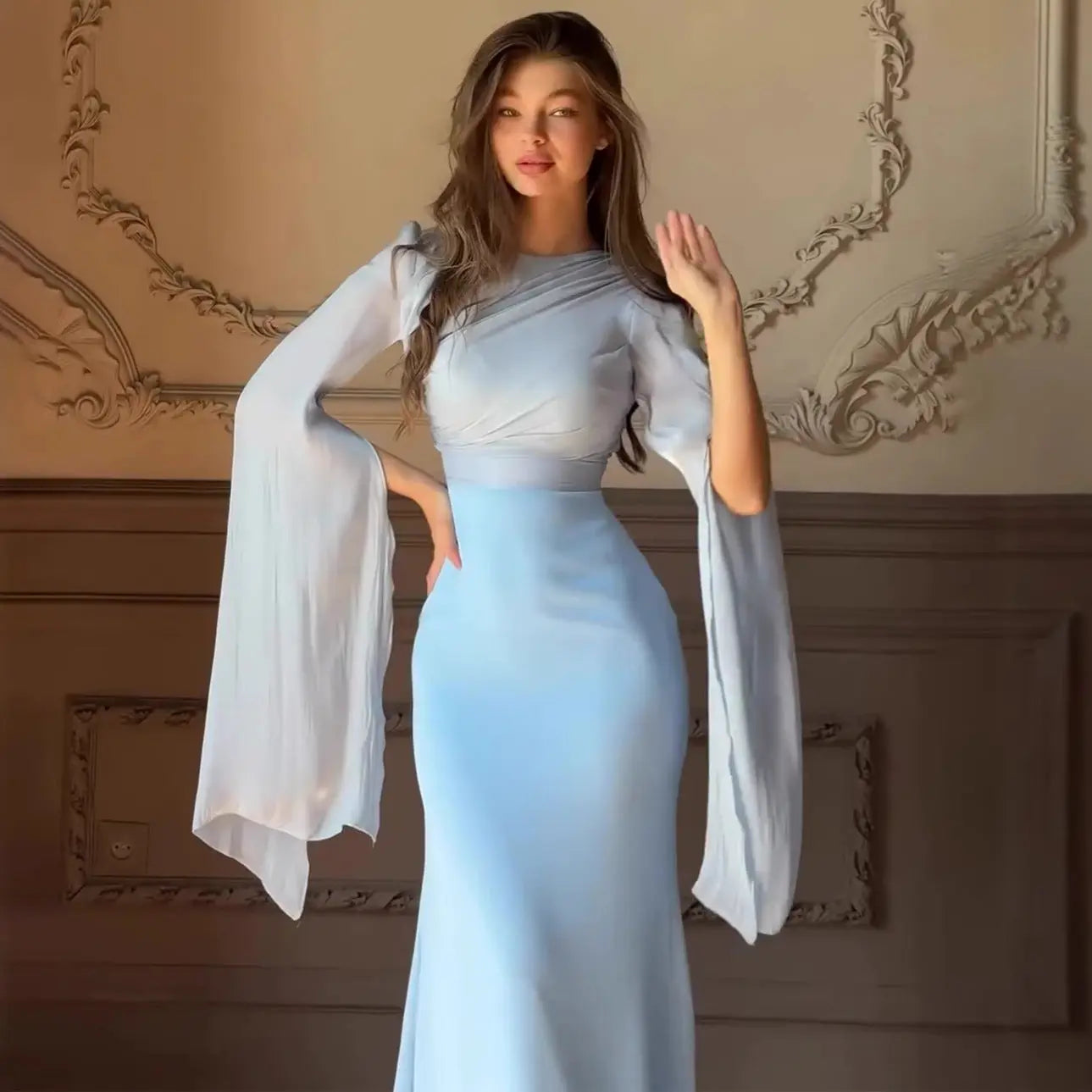 Patchwork Satin  Summer Sheath Dress with Fitted Silhouette, Glass Tulle Fabric, Long Sleeve eprolo