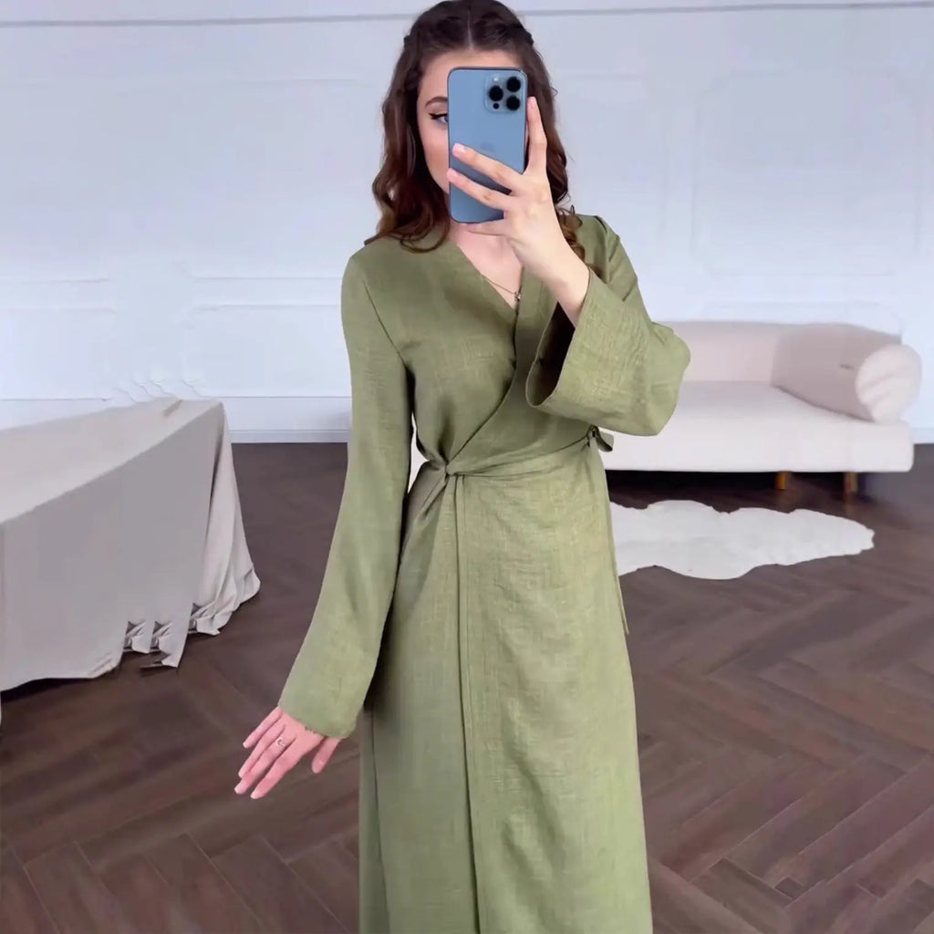 Belted Waist Long Sleeve Dress V-Neck Summer Chinese Zen Style Cool Green eprolo