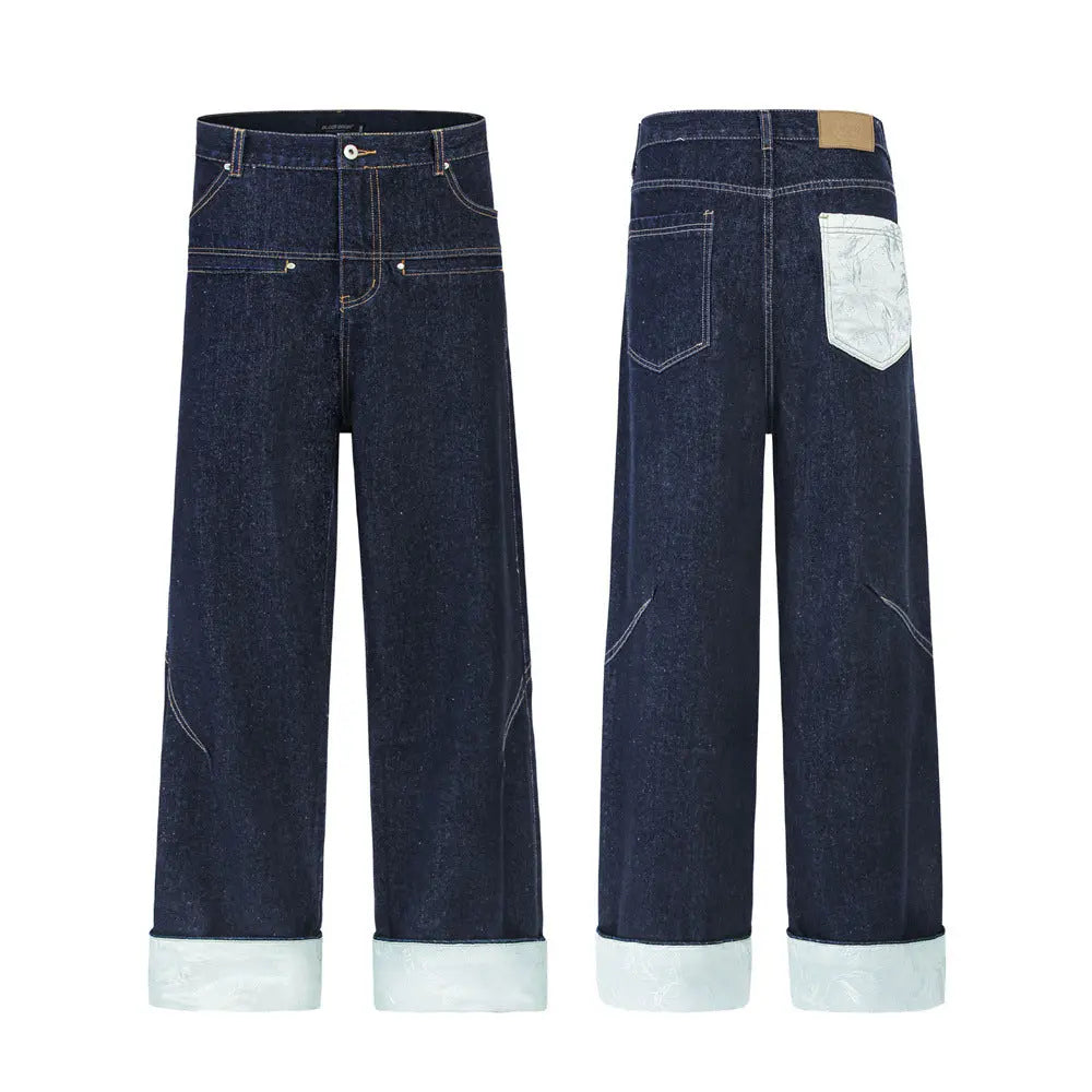 Color blocked pockets, rolled edges, denim straight leg pants eprolo