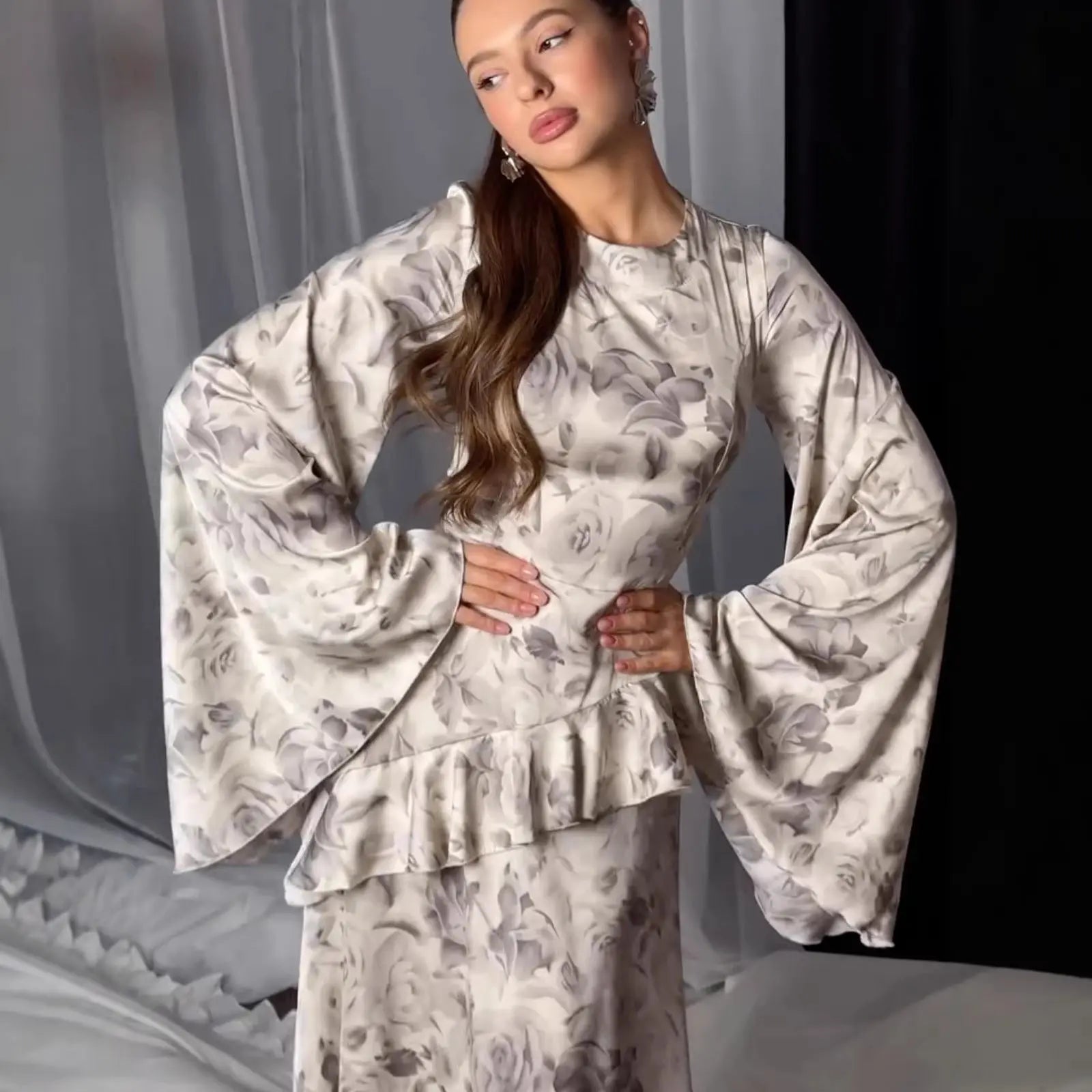 Design Dress Round Neck Long Dress with Print Feminine Waist-Cinching eprolo