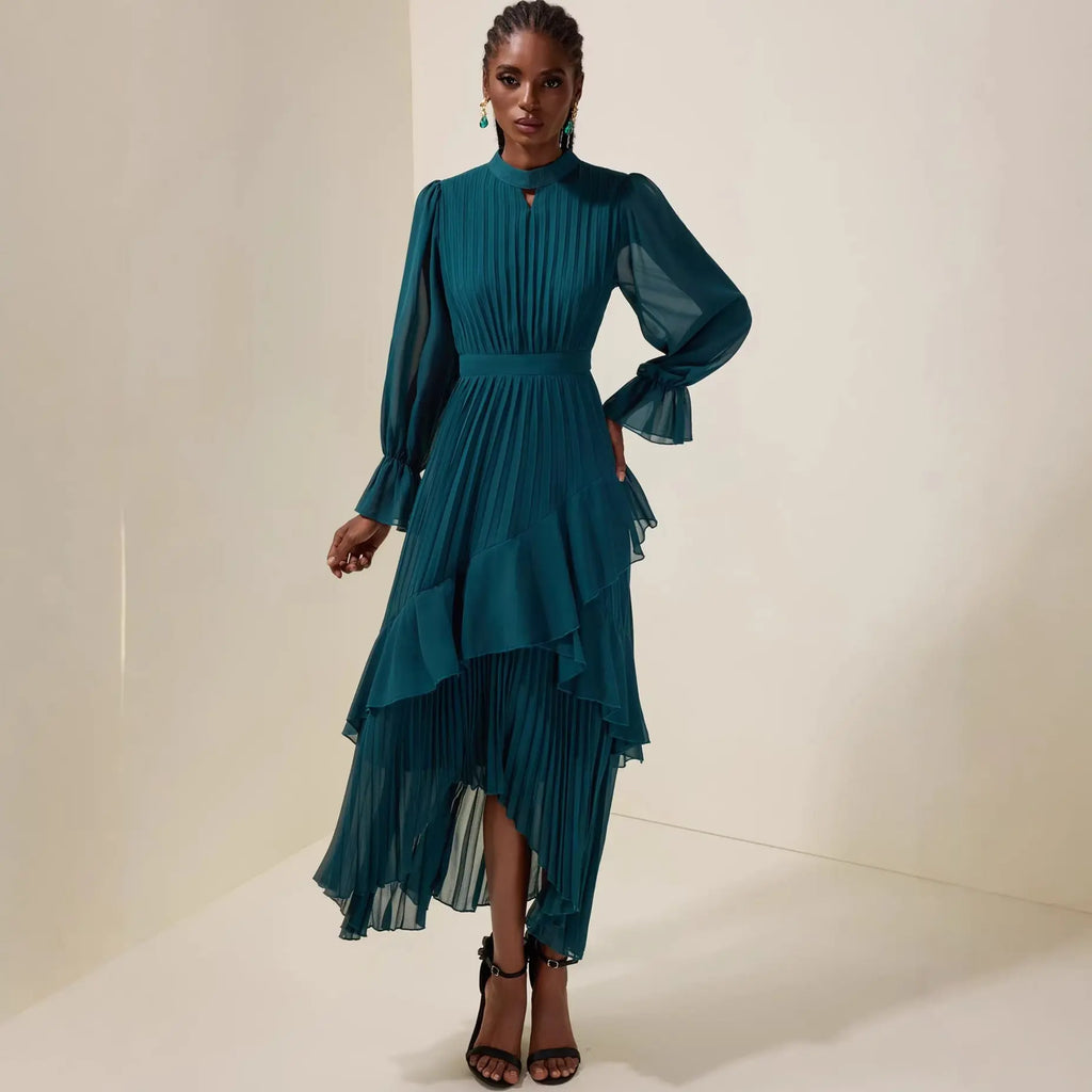 Pleated Midi Dress with Long Sleeves, Elegant Fashion Women's Dress eprolo