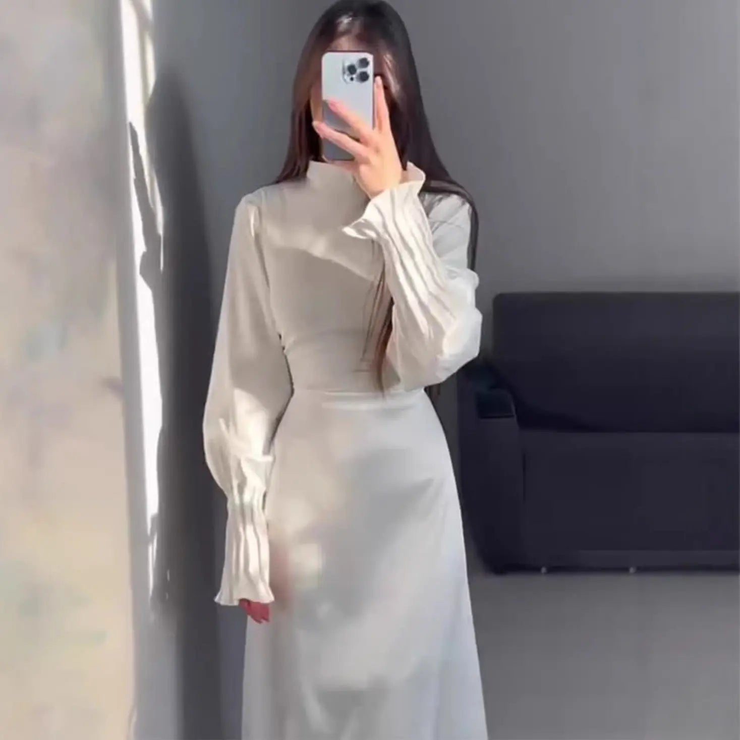 Royal Style Dress  Belted Waist-Cinching Pleated Design Blue Gray eprolo